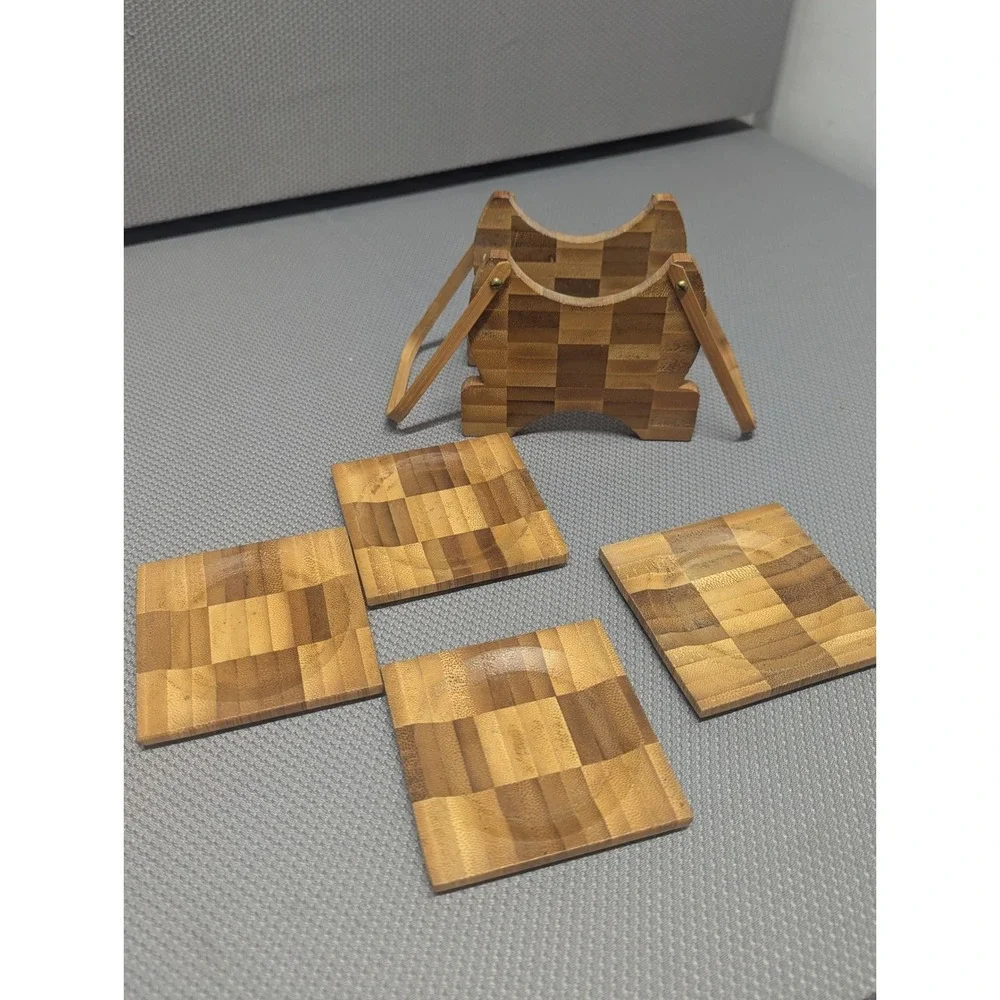 VTG Bamboo Checkerboard Coaster Set w/ Caddy Holder 5 Piece Natural Wood Parquet